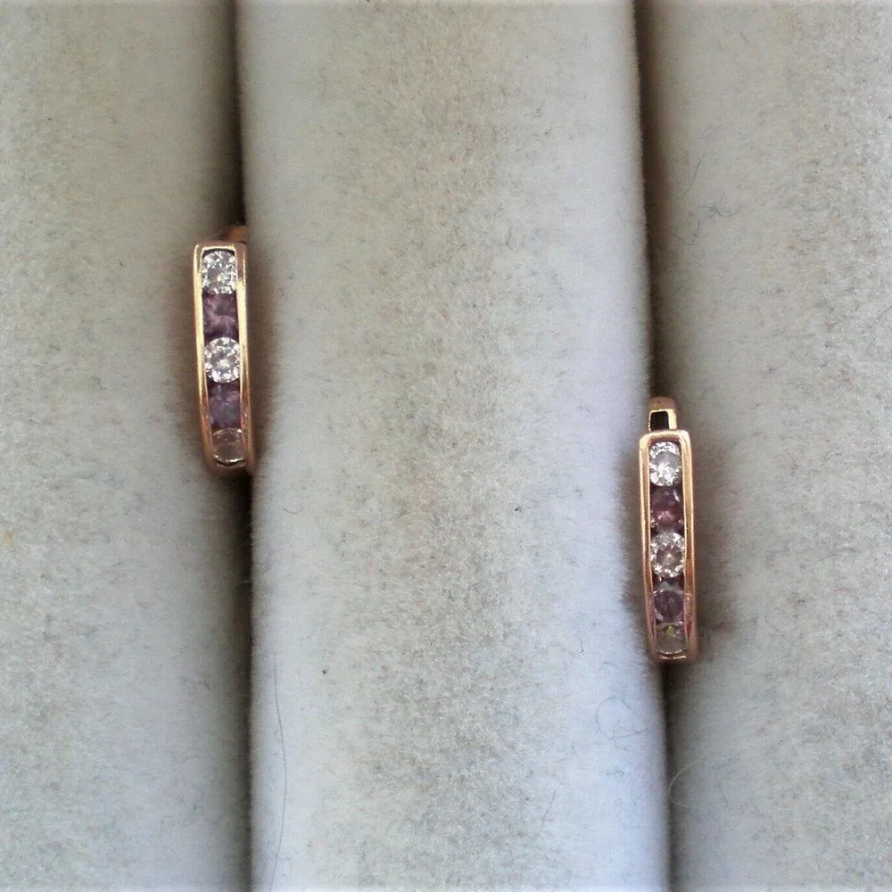 Russian Ukrainian 14K 585 Rose Pink Gold 0.15CT White Pink CZ Cluster EARRINGS